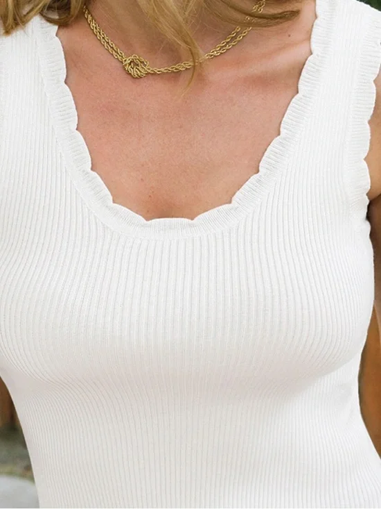 CUPSHE Latte Run White Tank Top Scallop Trim Scoop Neck Size XL Resortwear - Picture 3 of 6